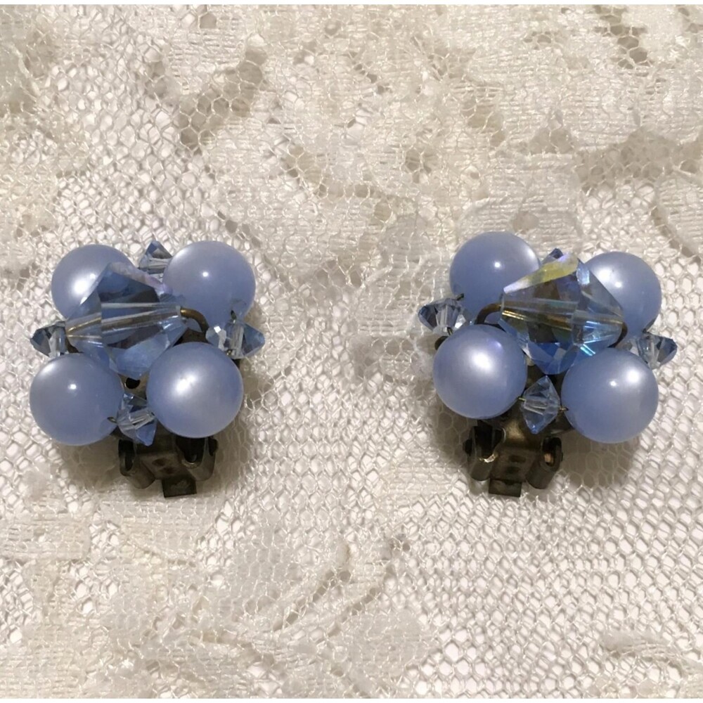 Vintage Blue Moon Glow Earrings Clip Ons, Cluster Beads Aurora Borealis Crystals